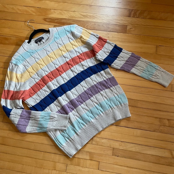 BROOKS BROTHERS Cable Knit Sweater Rugby Stripe Crewneck Cotton Preppy Unisex - Picture 1 of 9